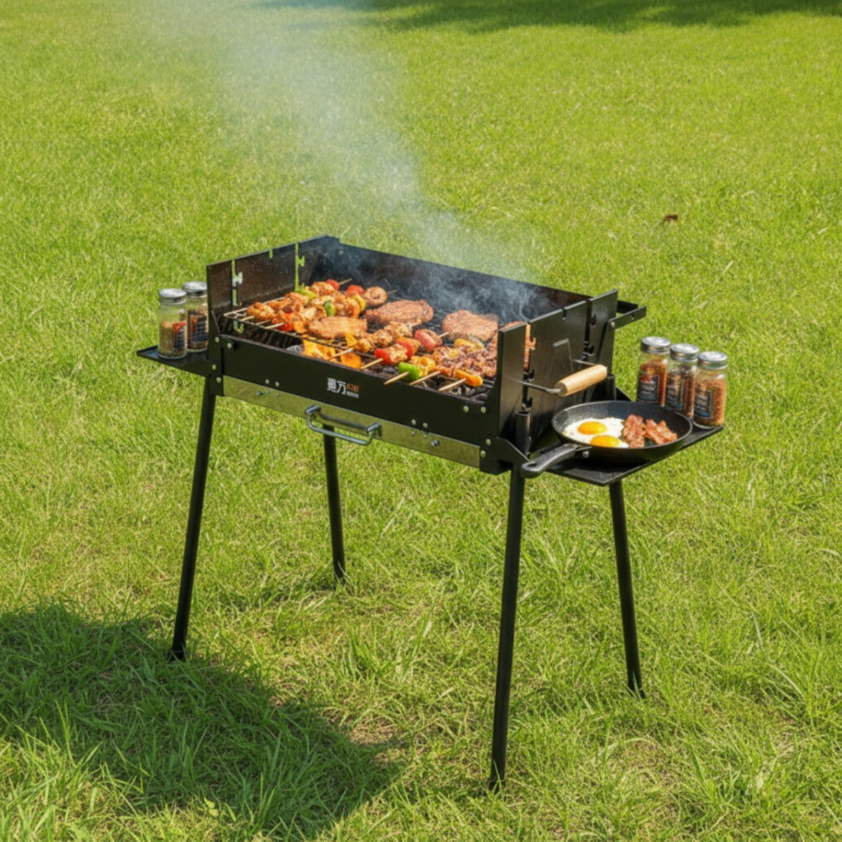 Wind-Resistant Charcoal Grill with Foldable Side Shelf Adjustable Charcoal BBQ Grill Food-Grade Heavy-Duty for Campers