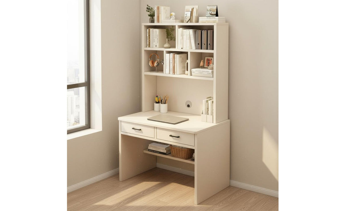 Computer Desk with Bookshelf Space-Saving Writing Table with Storage Drawers Wide Desktop Desk with Hutch for Students, Small Areas, Home Office