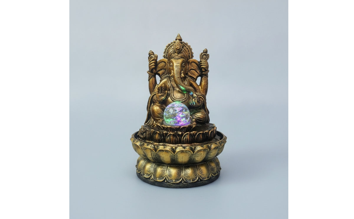 Antique Gold Ganesha Statue with Light Illuminated Deity Statue with Crystal Sphere Spiritual Decorative Sculpture Resin for Altar