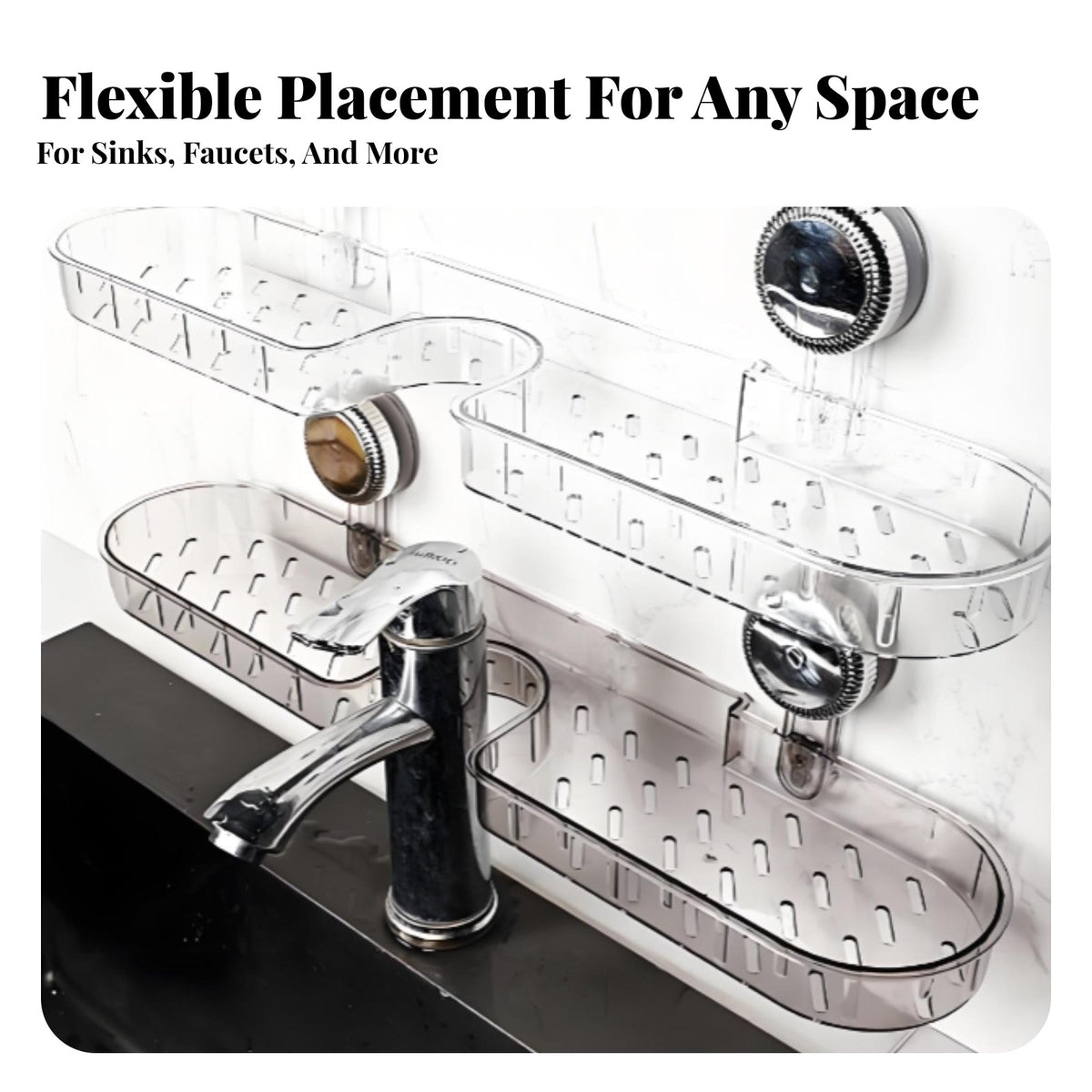 Waterproof Suction Cup Faucet Shelf Repositionable over Faucet Storage Holder Easy to Clean Drill-without Drilling Sink Organizer Draining Design for Renters, Bathroom, Washstand, Kitchen