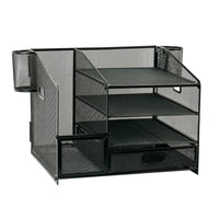 4 Tier Desk Storage with Drawer, Metal Mesh File Organizer for Students, Stackable Desktop Paper Filing Rack for Office Supplies