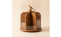 Rotating Cosmetic Display Case Wooden Cosmetic Display Case with Bird Ornament Multi-Compartment Rotating Organizer with Clear Panels