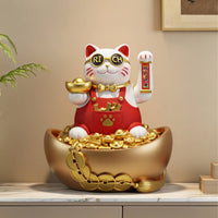 Auspicious Cat Figurine with Raised Paw Gold-Toned with Bowl Welcoming Ornament for Business Owners, Homeowners, Cashier Desk