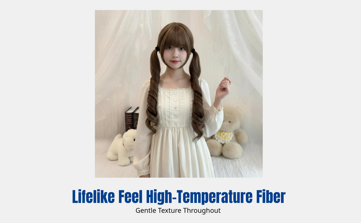 Long Curly Ponytail Wig, Honey Tea Shade, Doll-Inspired Sweet Style, Synthetic Hair