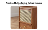 Mobile with Wheels Rattan Nightstand Narrow Design Rolling Rattan-Front Cabinet Small Footprint Bedroom Furniture Solid Wood Legs for Apartment Dwellers, Homeowners, Students, Dorm Room, Hallway, Away Ice