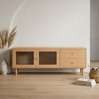 TV Cabinet with Drawers Solid Wood TV Stand with Drawers Ribbed Glass-Front Media Console for Living Room, Apartment