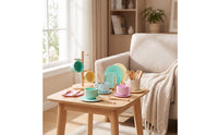 Wooden Play Dishes Set Pastel Pretend Play Tableware Toy Dishes with Stand, for Kids