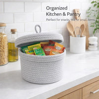 Decorative Basket Organizer Bins, Grey Lidded Storage Basket, Rope Storage Bins for Underwear, Woven Baskets for Toy Storage