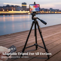Portable Camera Tripod 3-Way Pan Head Phone Tripod Multi-Device Support Live Broadcasting Stand Lightweight for Photographers, Content Creators, Outdoor, Footage Recording, Travel, Workshop