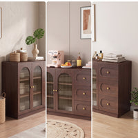 Cabinet with Fluted Glass Doors Wood Grain Side Cabinet Quiet Sideboard for Living Room, Bedroom