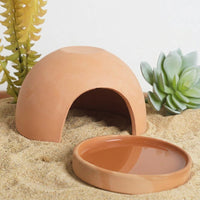 Ceramic Reptile Hide with Reptile Water Bowl, Moisture Retaining Hide for Molting, Clay Cave for Geckos, Reptile Species and Snakes