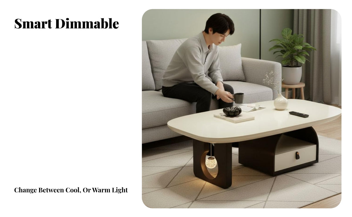 2 Pieces French Cream aesthetic Pebble-Shaped Table pair Built-in Light Living Room Furniture With Storage Drawer Accent Tables Artistic Design for Apartment Dwellers, Homeowners, Students, Small Spaces, Lounge Area, Office, Study