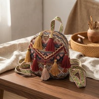 Decorative Tassels Ethnic-Style Backpack Zigzag Trim Boho Backpack Structured Shape