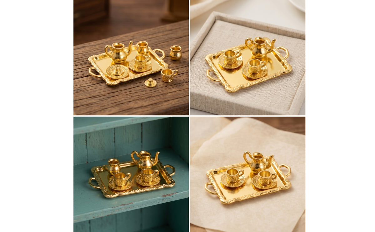 Tiny Dollhouse Tea Set with Tray Realistic Dollhouse Tea Set Reflective Elegant for Photography Props
