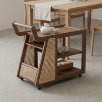 Solid Wood Mobile Side Table with Rattan Multi-Layer Storage Wooden Rolling Cart with Handle Movable 2-Tier Utility Trolley Large Capacity for Living Room, Kitchen, Home Bar