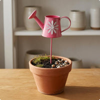Miniature Iron Watering Can Stake Curved Handle Mini Watering Can Decor Short Spout Flower Pattern Garden Stake Compact Size for Tabletop Micro-Landscape, Potted Plant