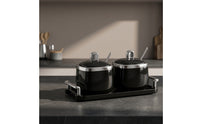 Glossy Condiment Organizer with Spoons Countertop Ceramic Seasoning Jars with Tray Easy to Clean Seasoning Pot Set with Lids Compact for Hosts, Home Cooks, Dining Table, Kitchen