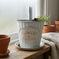 Drainage Hole Hanging Planter Container Distressed Finish Metal Hanging Planter Vertical Striped Plant Hanger for Balcony