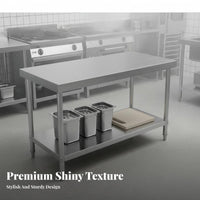 Easy to Clean Stainless Steel Work Table Rust-Resistant Commercial Kitchen Prep Table Adjustable Feet Commercial Kitchen Worktable Reinforced Back for Restaurant Employees, Home Cooks, Workshop Workers, Cafeteria, Warehouse, Garage, Laundry Room