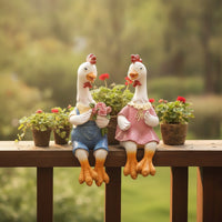 Farmhouse Chicken Couple Statues Seated Chicken Figurines with Overalls Cute Lawn Ornament Weather-Resistant for Gardeners, Balcony, Planter