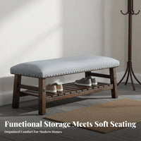 Classic American Design Shoe Rack Bench with Padded Seat Cushioned Top Upholstered Shoe Rack Bench Multi-Functional Storage Furniture Two-Fold Functionality for Homeowners, Families, Seniors, Entryway, Hallway, Mudroom, Living Room