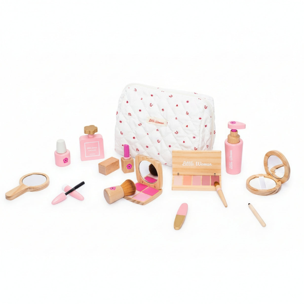Kids Makeup Bag Set Pink and Tones Wooden Pretend Makeup Kit Smooth Edges Play Cosmetics Kit