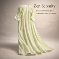 Meditation Vintage Dress for Women with Chinese Style Round Neck and Embroidery, Ethnic Oriental Midi in Premium Lyocell Material