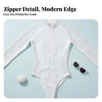 Long Sleeve Zip up Swimsuit Quick-Drying Front Zip Single Piece women's Wave-Riding Ing Suit Breathable Material White Mesh
