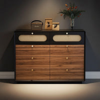 Dresser with Cane Drawers Retro Chest of Drawers with Cane Details Sturdy Wood Dresser with Knobs for Bedroom, Living Room, Hallway