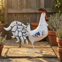 Floral Print Iron Cock Blue Accents Cock Garden Statue Decorative Chicken Yard Ornament Large for Courtyard