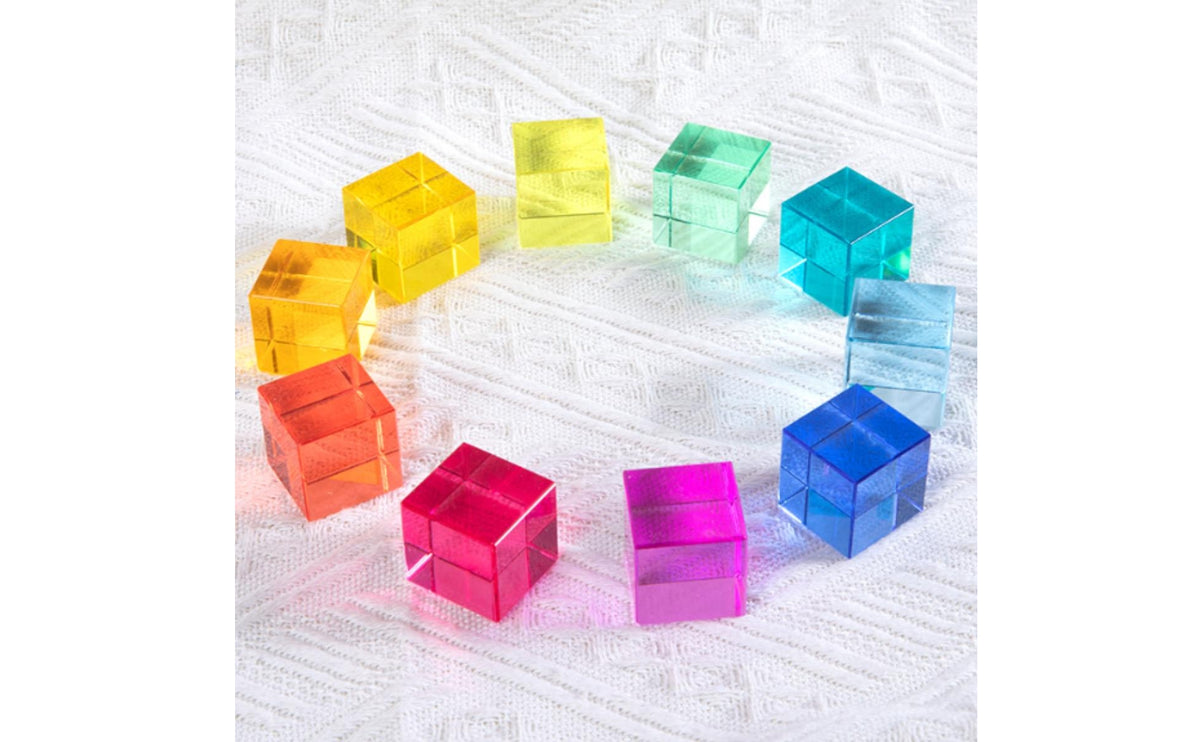 Acrylic Blocks with Wooden Tray Sensory Cube Blocks with Wooden Frame Colorful Acrylic Building Cubes for Preschoolers, Young Children, Playroom