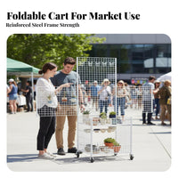 Easy to Move Foldable Market Stall Cart Heavy Duty Folding Market Cart Large Capacity Mobile Gridwall Display 360° Swivel Casters for Small Business Owners, Retailers, Crafters, Night Markets, Temporary Shops, Craft Fairs, Exhibitions