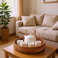 2 Pieces Rattan Tray with Handles Round Rattan Serving Tray Easy to Carry for Home Decor
