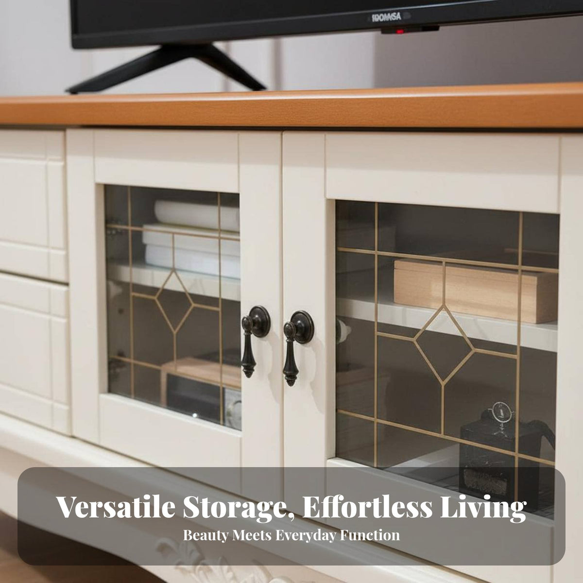 TV Stand with Storage Antique Design Handles Wood TV Cabinet Construction Wooden Entertainment Center for Small Apartment Owners