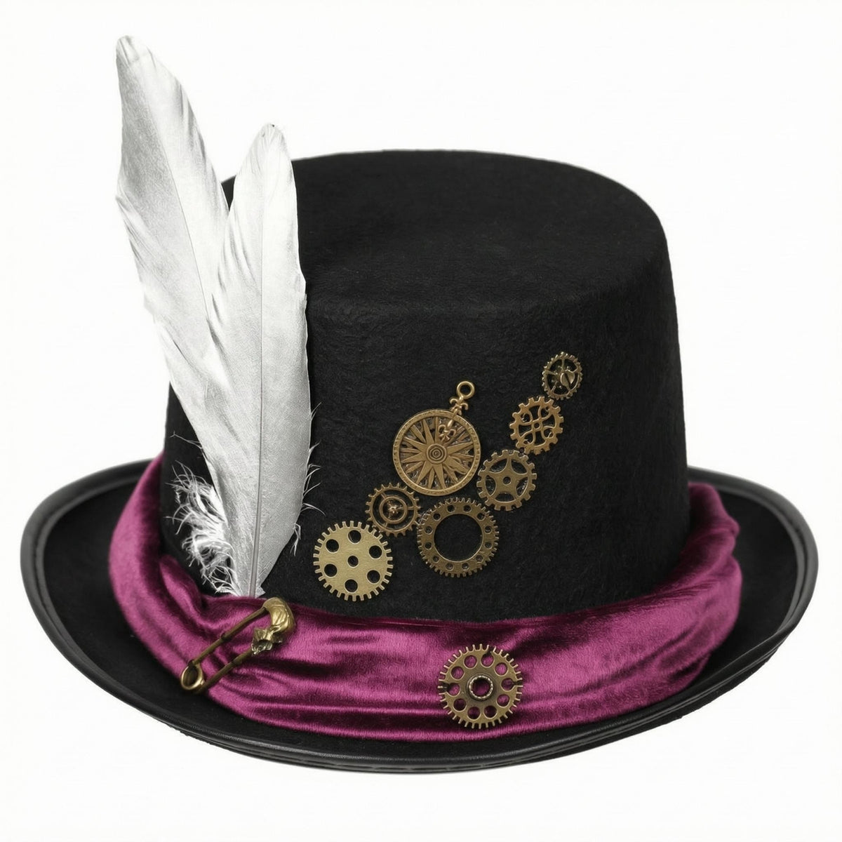 Brass Gear Accents Steampunk Top Hat Feather Plume Felt Top Hat Velvet Band Headwear Vintage-Inspired