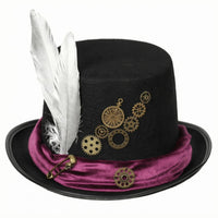 Brass Gear Accents Steampunk Top Hat Feather Plume Felt Top Hat Velvet Band Headwear Vintage-Inspired