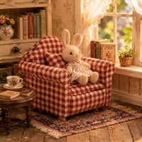 Padded Armrests 1:12 Dollhouse Sofa Wood and Textile Checkered Upholstered Sofa Cushioned Dollhouse Couch Rounded Back