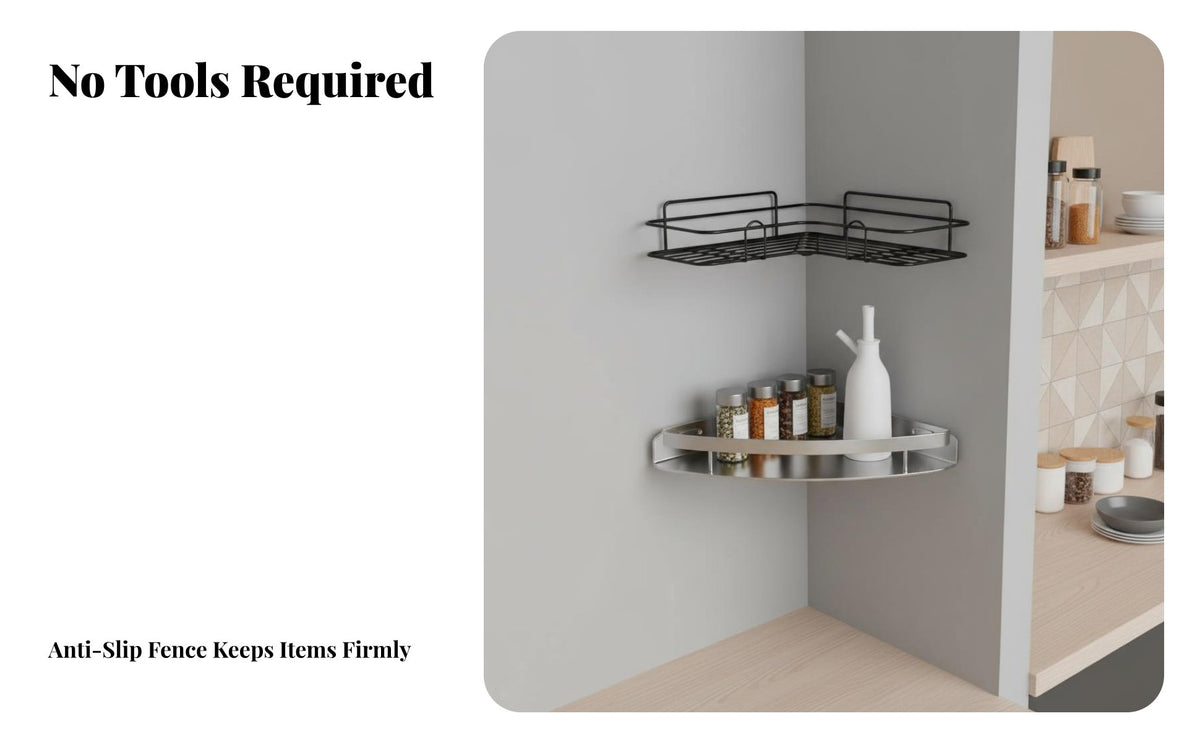 Adhesive Corner Holder Set Drill Installation Wire Corner Shelf No Wall Rack for Apartment Dwellers, Homeowners, Kitchen, RV, Countertop