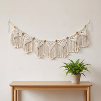 Macrame Wall Hanging Knotted Macrame Wall Hanging with Wooden Beads Decor Fringed Handmade for Living Room, Bedroom
