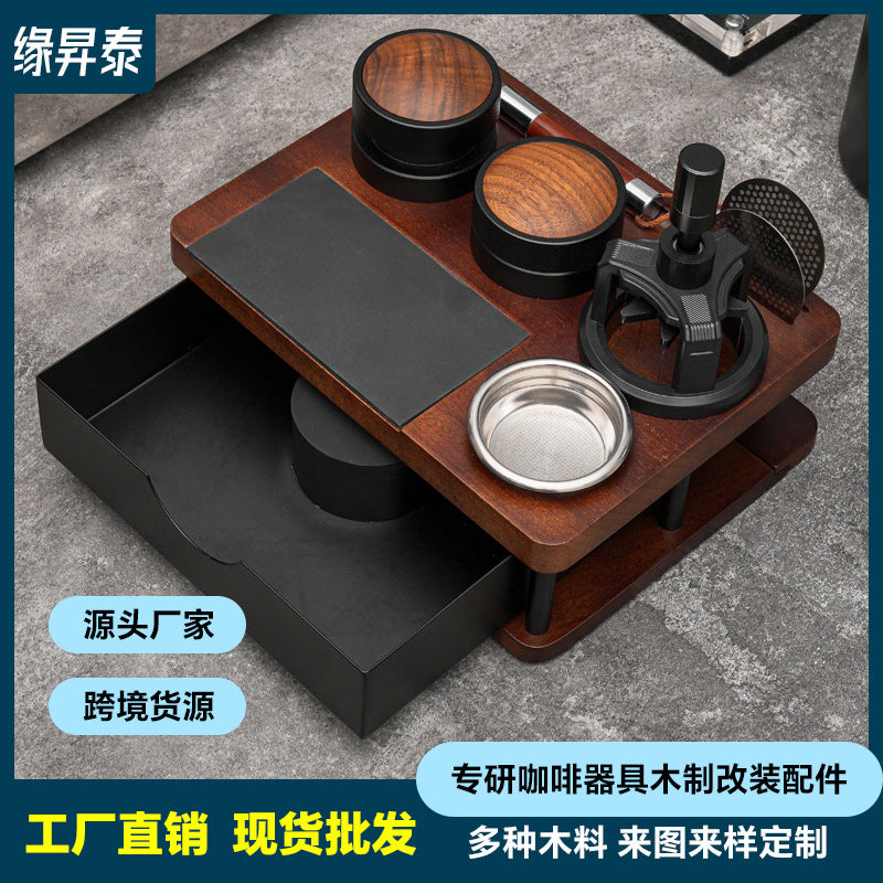 Wooden Tamper Base Drawer Coffee Workstation Multi-functional Tamper Holder Set with Handle Accessories Storage Board