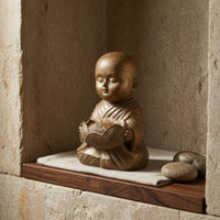 Carved Robe Folds Bronze Monk Candle Holder Polished Bald Head Seated Monk Figurine Compact Lotus Cup Statue Ornamental for Desktop