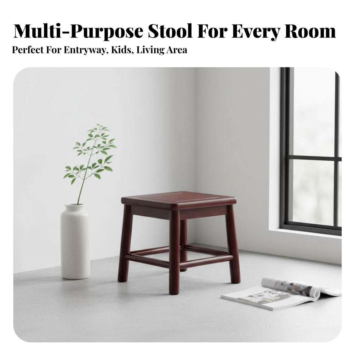 Hardwood Wood Construction Square Wooden Stool Mortise and Tenon Joinery Four-Legged Square Pedestal Traditional Design Household Furniture Multi-Purpose for Children, Families, Living Room, Entryway, Under the Sofa, Bedroom