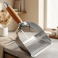 Cat Waste Scooper and Litter Sifter with Wood Handle, 304 Stainless Steel Litter Scooper for Clumping Tofu Mineral, Angled Deep Sifter Basket