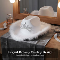Tiara Cowgirl Hat Includes Chin Strap Rhinestone Cowboy Hat Breathable Material Fashion Headwear for Women, Brides, Concerts, Nightclubs, Photo Booths