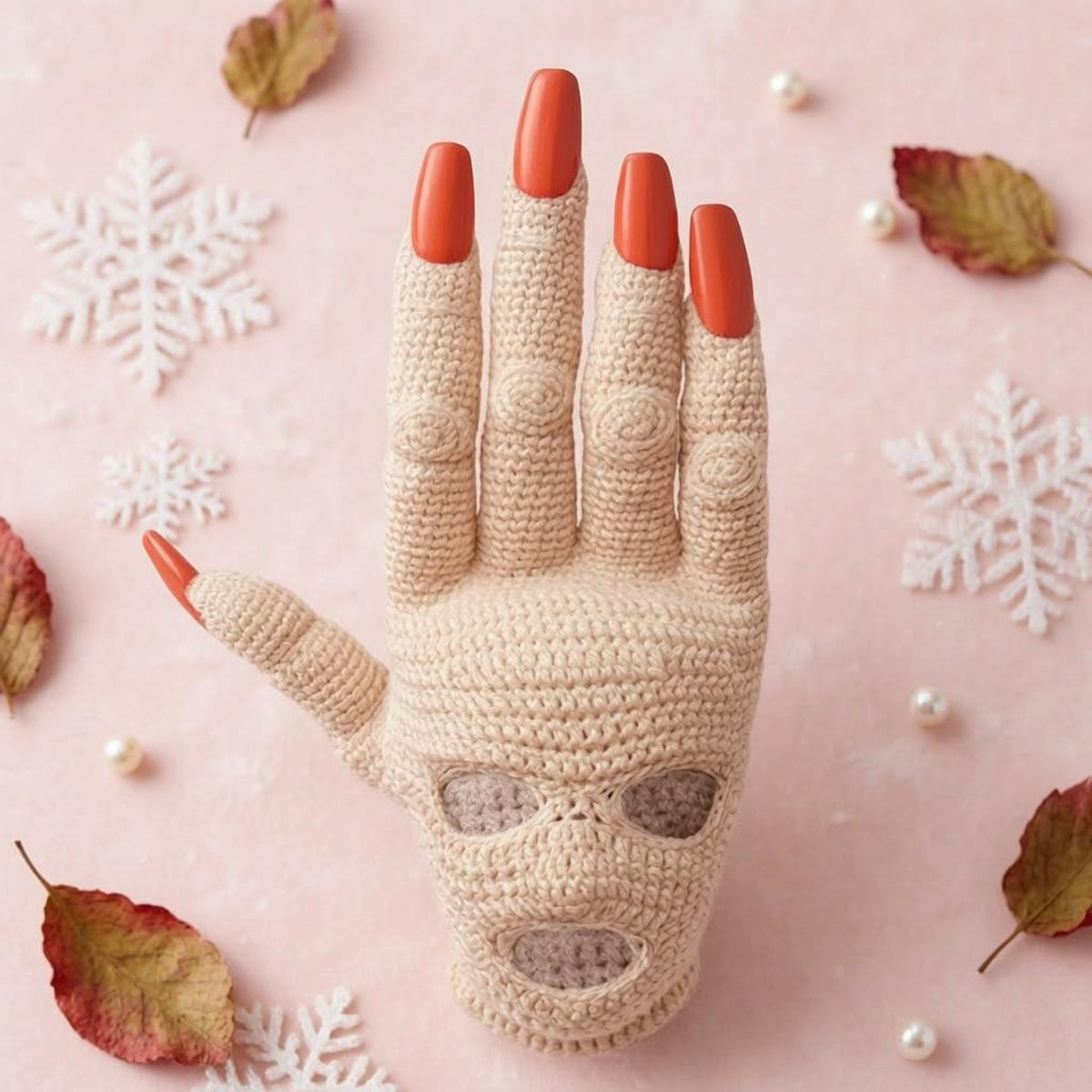 Beige Hand-Shaped Balaclava Stretchy Winter Face Mask Cutout Openings Crocheted Balaclava Red-Tipped