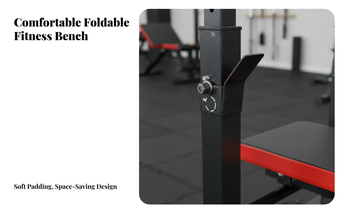 Space Saving Foldable Bench Press Rack Heavy-Duty Steel Construction Weightlifting Bench with Stand Padded Cushion Home Gym Equipment Non-Slip Feet for Fitness Enthusiasts