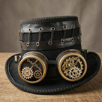 Bronze Accents Steampunk Top Hat Layered Brim Goggle Top Hat Braided Trim Headpiece Gears Decoration
