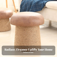 Toadstool-Like Shape Rope-Wrapped Round Stool Solid Wood Frame Small Round Ottoman Hand-Woven Design Footstool Extra Seating for Homeowners, Parents, Renters, Tatami Room, Entryway, Bedroom, Nursery