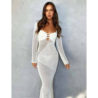 2024 White Crochet Backless Dress Hollow Out Bodycon Slit Ma