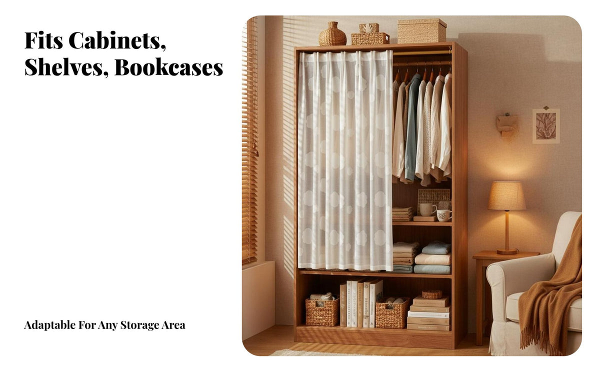 Toolcostless Installation DrillcostlessNo-Drill Shelf Fixture Hides Clutter Tension Rod particle Screen Easy to Install Cabinet Curtain adaptable for Apartment Dwellers, property owners, Wardrobe, shelving unified, Bedroom, Living Room